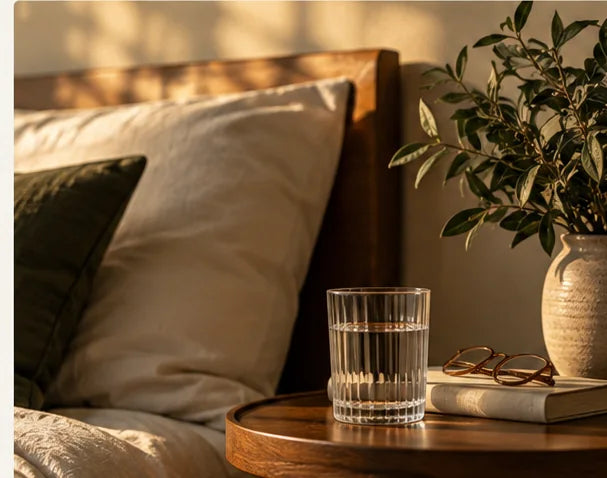 A softly lit bedside scene with a glass of water, a book, and a leafy plant
